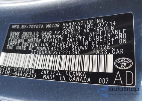 2014 Toyota Corolla Le z USA, uszkodzony, nr VIN 2T1BURHE8EC224390